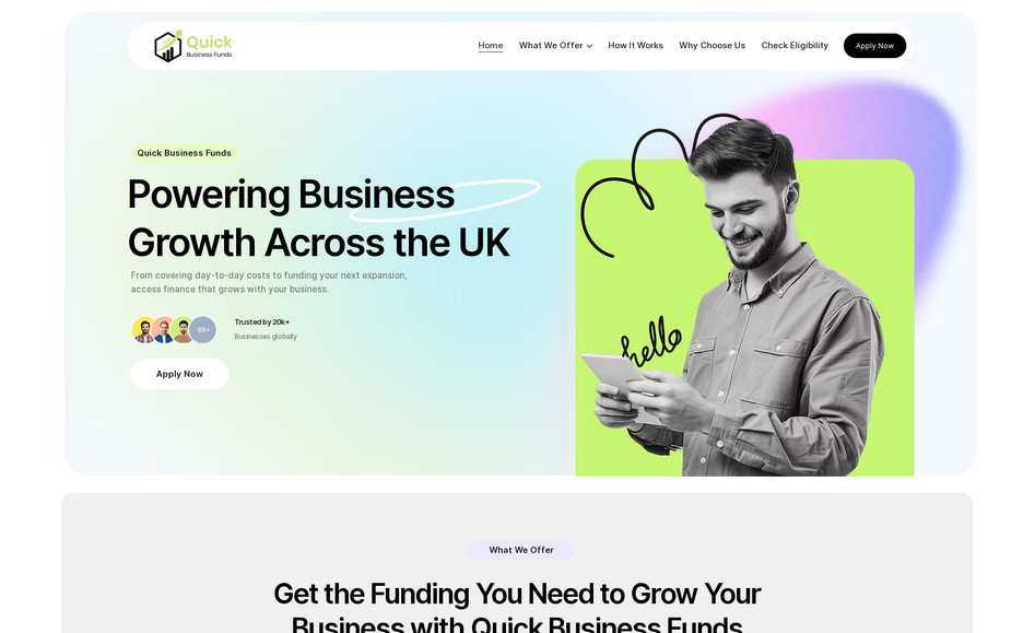 Quick Business: Created a beautiful and fully responsive website for a UK-based financial company from scratch.
