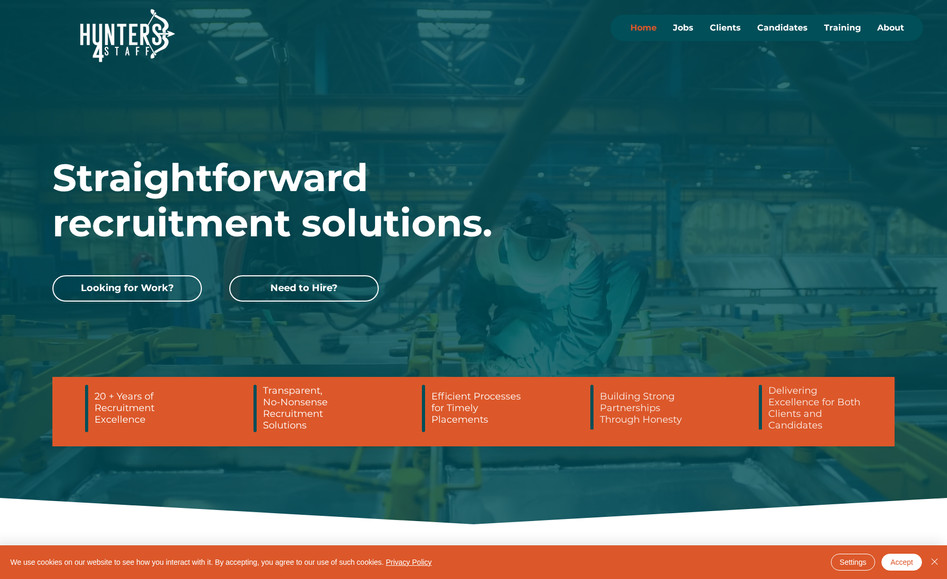 Hunters 4 Staff: Move from WordPress to Wix, this local recruitment company required detailed forms and links to their external job listings on a site that they could update themselves.