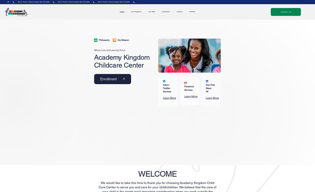 Academy Kingdom Childcare Center: Designed homepage and set-up the main menu. The client will complete and fill out the inner pages.