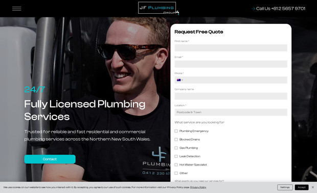 JF Plumbing Group: Jesse Fletcher from JF Plumbing, based in Lennox Head, NSW, partnered with us to elevate his brand with a fresh, innovative online presence. 

We began by redesigning his logo to reflect his fully licensed plumbing services and crafted a new, modern website that stands out with its user-friendly design. The website showcases JF Plumbing’s commitment to resolving all plumbing issues with reliability and affordability. 