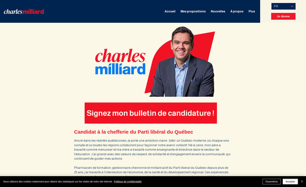 Charles Milliard: Création d'un site Internet de politicien pour Charles Milliard, candidat pour devenir chef d'un parti politique national au Canada.