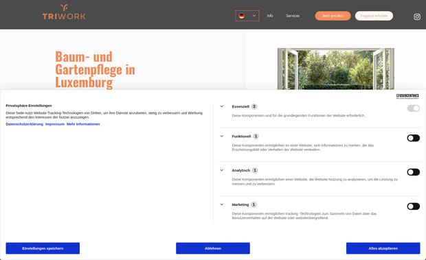 Landingp Triwork Lux: Wix Landingpage für Triwork Lux – Erstellung einer Conversion-optimierten Landingpage für Google Ads Kampagnen eines Baum- und Gartenservice in Luxemburg inkl. Tracking und Basis-SEO.