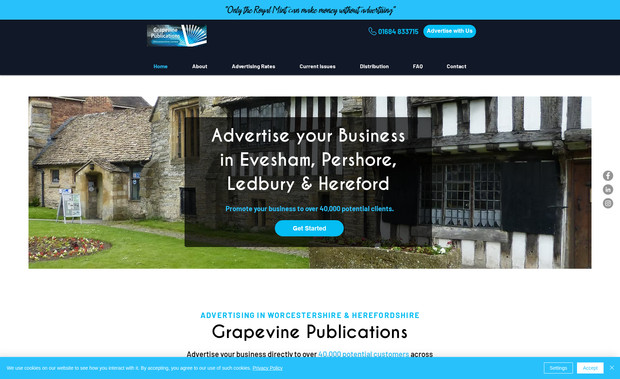 The Grapevine:  A clean, mobile‑optimised site showcasing issues, advertising options, and submission/contact details, built to drive readership and advertiser enquiries.