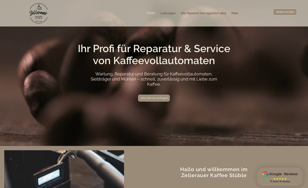 Kaffee Stueble: Für Kaffee Stueble haben wir eine moderne und benutzerfreundliche Website entwickelt, die den Fokus auf Reparatur- und Serviceleistungen für Kaffeevollautomaten legt. Das Projekt umfasste die Konzeption, Gestaltung und technische Umsetzung der Seite mit besonderem Augenmerk auf eine klare Struktur und eine ansprechende Bildsprache.
Die Seite vermittelt Professionalität und schafft Vertrauen durch eine übersichtliche Darstellung der Leistungen, Kontaktmöglichkeiten und Unternehmenswerte. Ziel war es, sowohl neue Kunden anzusprechen als auch bestehenden Kunden einen einfachen Zugang zu Informationen und Serviceleistungen zu bieten.