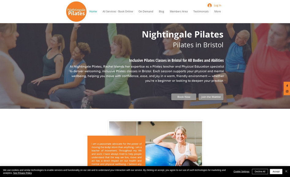Nightingale Pilates: While I didn't design the original Nightingale Pilates website, our ongoing partnership has been a testament to the value of monthly support. Over the past year, I’ve worked closely with them through a rolling subscription service, providing ongoing updates and assistance to keep their online presence fresh and effective.

My support includes:

Adding new course dates and making other timely updates to their website
Creating newsletters to keep their community informed
Designing Canva images and documents to support their promotional efforts and brand consistency
Recently, I’ve begun offering social media management, helping them create a cohesive strategy and develop engaging content.
They’ve expressed how much they love working with me, especially appreciating the seamless communication and hands-on support that ensures their digital presence runs smoothly and remains up-to-date. My monthly support allows them to focus on what they do best—teaching Pilates—while I handle the digital side of their business.