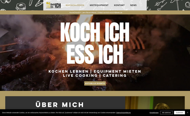 Koch Ich Ess ich: Für Jens Bauernfeind habe ich eine Website auf Basis eines Templates aufgebaut, Wix Events integriert und Ihm Buchungsformulare für Eventgutscheine und sein Mietequipment eingebaut. Die Formulare sind mit Datensätzen verbunden, die bestehende Daten importieren und Daten in die Datensätze übergeben. 