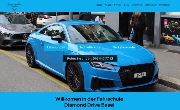 Diamond Drive: Für Diamond Drive haben wir eine moderne Website entwickelt, die die Fahrschule in Basel professionell präsentiert. Der Fokus lag auf einer übersichtlichen Darstellung der Angebote, einem klaren Design und einfacher Kontaktaufnahme für Fahrschüler.

Umgesetzte Funktionen und Inhalte:

Startseite mit Begrüßung und Überblick über die Fahrschule
Leistungsseiten mit Informationen zu Fahrstunden und Kursangeboten
Integration von Bildern und Infos zum Team
Kontaktseite mit Formular, Telefonnummer und Standortkarte
Responsives Design für eine optimale Darstellung auf allen Geräten
SEO-Optimierung für lokale Sichtbarkeit in Basel
Struktur zur einfachen Erweiterung mit zusätzlichen Inhalten

Die Website kombiniert modernes Design mit praktischer Nutzerführung. Fahrschüler finden schnell die wichtigsten Informationen und können unkompliziert Kontakt aufnehmen oder sich für Kurse anmelden.

For Diamond Drive, we created a modern website that professionally presents the driving school in Basel. The focus was on a clear presentation of services, clean design, and easy contact options for students.

Implemented features and content:

Homepage with a welcome message and driving school overview
Service pages with information on driving lessons and course offerings
Integration of images and team information
Contact page with form, phone number, and location map
Responsive design for seamless display on all devices
SEO optimization for local visibility in Basel
Structure prepared for easy expansion with additional content

The website combines modern design with practical navigation. Students can quickly find all relevant information and easily get in touch or sign up for courses.