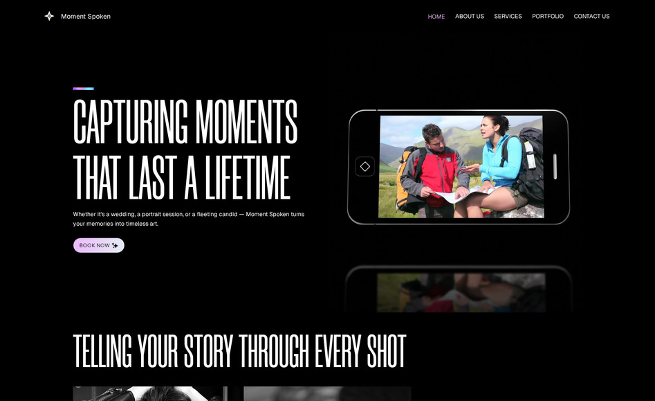 Moment Spoken: We built a beautiful website for a photography brand with an emphasis on storytelling. The site features a strong visual style with large galleries, emotional copy, intuitive navigation, and clear calls to action designed to draw in clients and showcase past work.