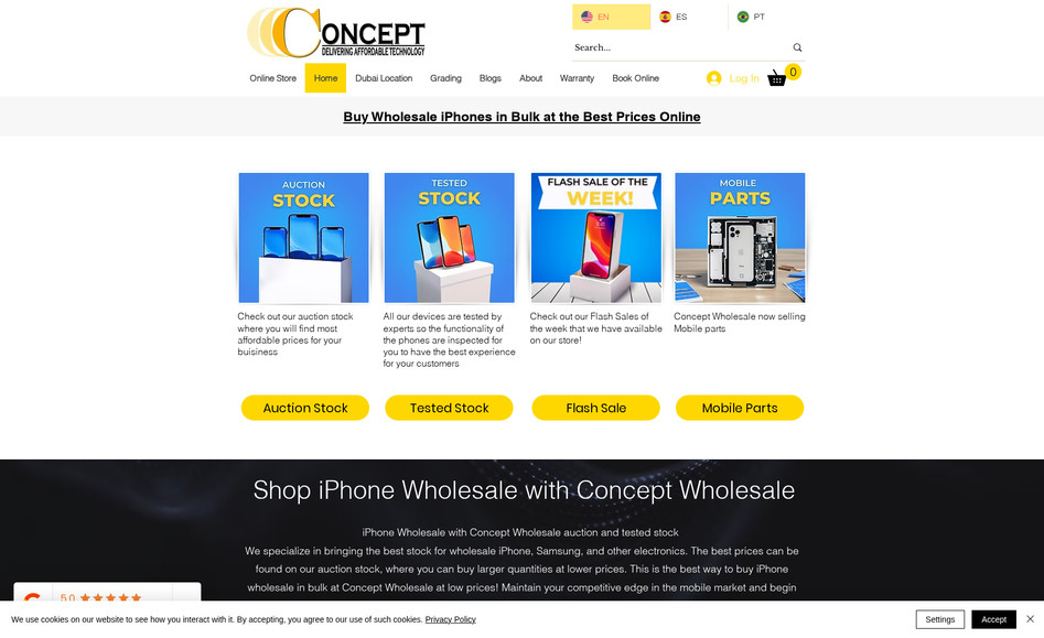 Concept Wholesale: **Concept Wholesale LLC - Client Success Story**

Concept Wholesale LLC, based in Clearwater, Florida, specializes in the wholesale distribution of pre-owned iPhones and Samsung devices. They have established themselves as a reliable source for high-quality electronics, offering competitive pricing and a consistent supply of diverse products. 

At WebOrbit LLC, we collaborated with Concept Wholesale to enhance their digital presence and drive business growth. Our contributions included:

1. **Website Development**: We designed and developed a user-friendly, responsive website that effectively showcases Concept Wholesale's product offerings and services, providing an intuitive experience for their clients. 

2. **SEO Optimization**: Through comprehensive SEO strategies, we improved the website's search engine rankings, resulting in higher visibility for relevant keywords. Notably, Concept Wholesale now appears as the fourth link for the keyword "iPhone wholesale," significantly increasing their online exposure.

3. **Content Strategy**: We implemented a content strategy that includes informative blogs and articles, positioning Concept Wholesale as an authority in the wholesale electronics market and engaging their target audience. 

4. **E-commerce Integration**: Our team integrated secure and efficient e-commerce functionalities, enabling seamless online transactions and enhancing the overall customer experience.

These efforts have collectively strengthened Concept Wholesale's online presence, leading to increased web traffic, improved search rankings, and higher conversion rates. Our partnership has empowered them to better serve their clients and expand their reach in the competitive wholesale electronics market. 