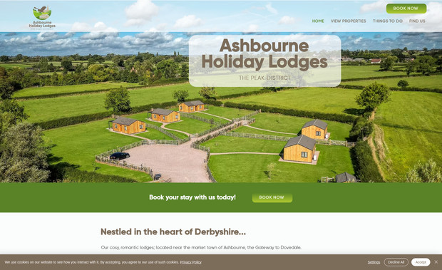 Ashbourne Holiday Lodges: New website build for local luxury lodges on the edge of the Peak District, our design included embedding their external booking system and our graphic design partner developed their branding.