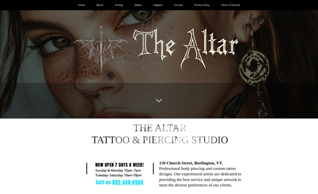 The Altar: TheAltarVT.com
A site for a legendary piercing and tattoo studio. This site captures the brand’s rebellious heritage and professionalism with bold visuals, a custom vibe, and strong SEO to drive walk-ins and bookings.