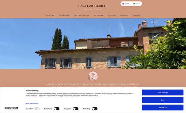 Casa Ezio Marchi: For Casa Ezio Marchi, a charming Airbnb nestled in the heart of Tuscany, we created a website that perfectly captures the allure of the Italian countryside. We combined stunning drone photography with a warm color palette inspired by the villa and its surroundings to create a visually immersive experience. The website's intuitive navigation and captivating imagery make it easy for guests to envision themselves enjoying a relaxing getaway in this picturesque setting. The result is a website that not only showcases the beauty of Casa Ezio Marchi but also inspires travellers to book their dream Tuscan vacation.