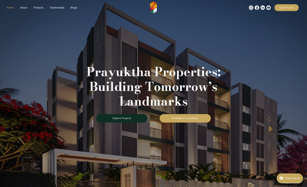 Prayuktha Properties: Prayuktha Properties is a real estate development brand focused on creating thoughtfully planned plotted communities in Bangalore. The objective of this project was to design a modern, elegant, and conversion-focused website that reflects the brand’s vision while providing a seamless browsing experience for potential buyers and investors.

The website was built on Wix Studio with a strong focus on responsive design, ensuring a smooth experience across desktop, tablet, and mobile devices. The layout was structured to highlight the developer’s projects, showcase the brand story, and guide visitors toward key actions such as exploring projects and booking site visits.

Key elements of the website include a clean visual hierarchy, intuitive navigation, project-focused landing sections, and optimized content structure for search visibility. The platform’s CMS capabilities were utilized to make future updates and project additions easy for the client to manage.

The result is a professional digital presence that strengthens Prayuktha Properties’ brand positioning while supporting lead generation and marketing efforts.

Platform: Wix Studio
Industry: Real Estate / Property Development
Key Focus: Responsive design, brand storytelling, project showcase, and lead generation.