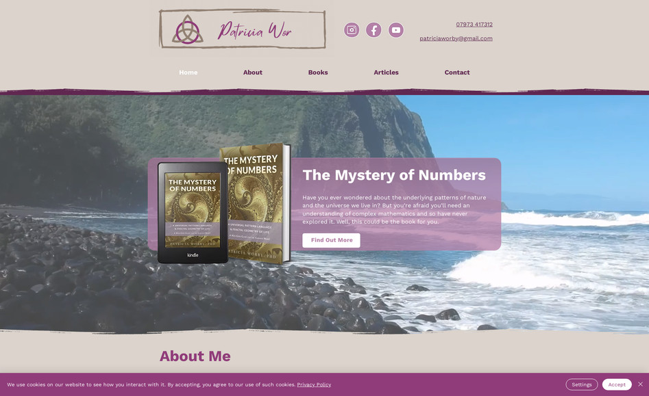 Patricia Worby Site: Patricia Worby is a published author and trauma therapist. She wanted a website to present her portfolio of work and range of books.