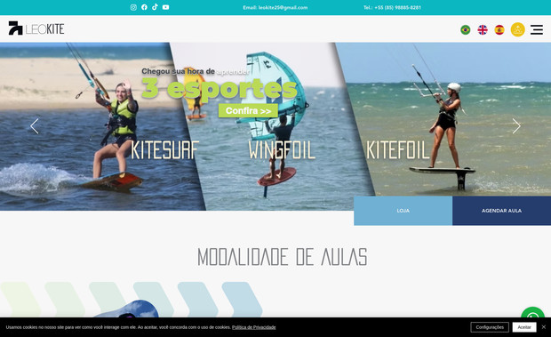 LeoKite: Desenvolvimento de Site intitucional, portifólio de locação e Loja Virtual completa para material e aula de Kite Surf, Wing foil e Kite Foil