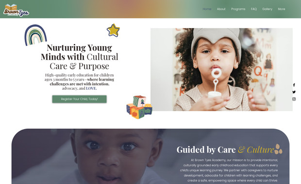 Brown Tyes Academy: Advanced Website Design for an at-home pre-k in Portland, Oregon. This project included brand discovery, SEO research, a custom logo, and content writing support. 