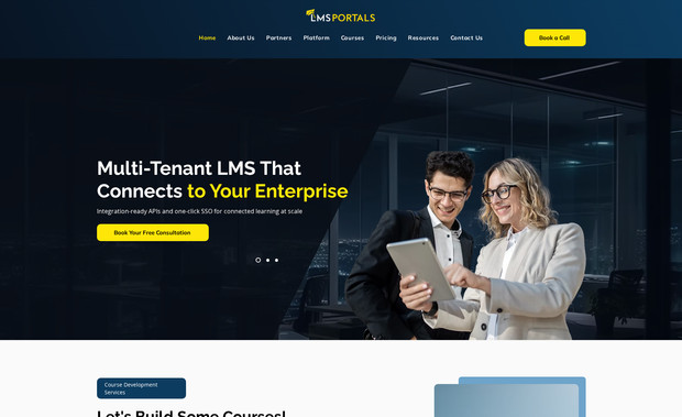 lms portals: LMS Portals: Multi-Tenant Learning Management System, USA

The Problem:
LMS Portals is an award-winning enterprise learning management platform built for organisations that need to train employees, partners, and customers at scale. The platform itself is genuinely powerful, offering multi-tenant architecture, white-label portals, SCORM-compliant course creation, AI-powered learning paths, built-in eCommerce, compliance management, and seamless integration with tools like Salesforce and Workday. The problem was that none of this complexity was being communicated in a way that a busy HR director, L&D manager, or technology buyer could quickly understand and act on. The website was not organised around how different buyers think about their training challenges, which meant that a corporate training provider, a compliance manager, and a channel partner all landed on the same generic experience. For a platform competing at enterprise level, that lack of targeted messaging was costing real opportunities.

The Solution
We redesigned and developed the website to reflect the full depth and ambition of the platform while keeping it easy to navigate for every type of buyer. We structured the site around distinct use cases including employee training, sales enablement, partner training, customer training, and compliance management, so that every visitor could quickly find the section that was built for their specific situation. We gave the multi-tenant architecture its own clear explanation, using a live dashboard visual and real user numbers to make an abstract technical concept feel tangible and credible. The course development services section was built out as a standalone offering, the partner programme was given a dedicated value proposition, and the compliance training section was brought to life with a real-time dashboard mockup showing certification tracking in action. We also integrated the Calendly booking flow directly into the site to reduce friction for enterprise buyers ready to have a conversation.

The Impact
The restructured website now works as a genuine sales tool rather than a product brochure. Enterprise buyers land on a site that speaks their language immediately, whether they are a training company looking to scale client portals, a compliance officer trying to reduce regulatory risk, or a technology partner exploring a white-label opportunity. Each of these buyers now has a clear pathway through the site that ends with a relevant and compelling call to action. The clarity around the multi-tenant model and the platform's integration capabilities means that technical decision makers can self-qualify more confidently before booking a call, which results in better quality conversations at the sales stage. The overall effect is a website that positions LMS Portals as an enterprise-grade, credible, and growth-focused platform rather than just another LMS in a crowded market.