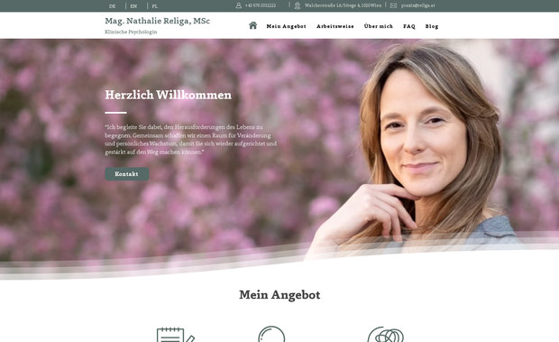 Nathalie - Praxis: Religa — a serene, supportive website created for a clinical psychologist offering diagnostics, individual counseling, and mental health support.
The project emphasized a calming design, clear service presentation (mental health, physical complaints linked to stress, personal development), and easy contact access. The site creates a safe and welcoming online space for individuals facing life transitions, emotional challenges, and personal growth.