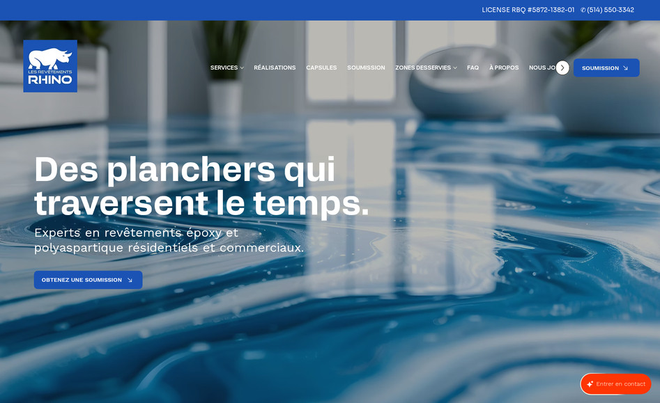Les Revêtements Rhino: Votre sol en voit de toutes les couleurs à tous les jours – usure, taches, chocs… Est-il assez solide pour tenir encore longtemps? Avec les solutions polyvalentes de Les Revêtements Rhino, la réponse est oui! Nos revêtements époxy et polyaspartique garantissent que vos surfaces en béton soient extrêmement résistantes, sans sacrifier l’esthétique. Que ce soit pour un plancher epoxy garage, un sous-sol ou un espace commercial, un plancher epoxy représente une solution durable, élégante et facile d’entretien.