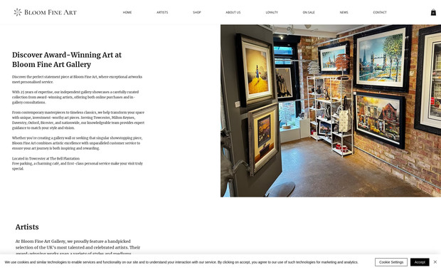 Bloom Fine Art: Bloom Fine Art sell original Artworks from their gallery in Towcester UK. We built the product page with a unique 'view on the wall' feature. Bespoke functionality enables the gallery owner to add new artists and edit their bio and details. This integrates seamlessly with the native Wix stores and products. 