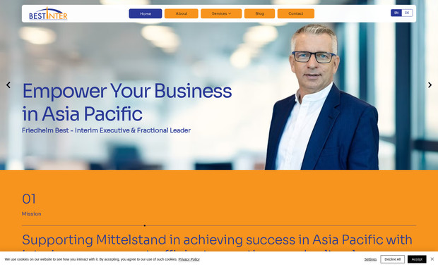 BEST-Inter: We partnered with BEST-Inter, an interim management firm for Mittelstand companies in Asia, to craft a strong personal brand and digital presence. Our work included logo design, a bespoke website, brand assets, a corporate deck, and a corporate video, ensuring a cohesive professional identity.

Through strategic design, storytelling, and LinkedIn optimization, we positioned BEST-Inter as a trusted leader in interim management in Asia.