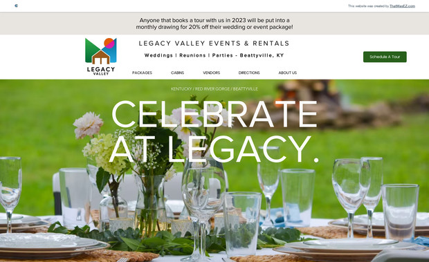Legacy Valley Events: Wedding Venue Website, including logo design and featured photography of venue amenities.