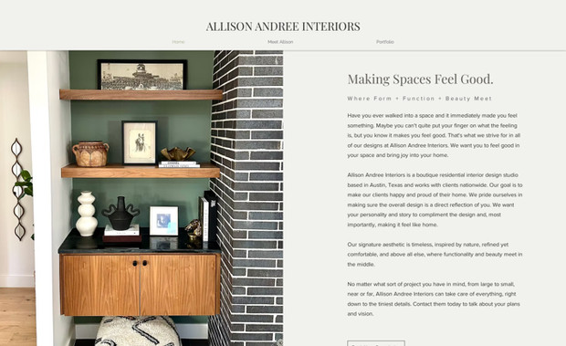 Allison Andree Inter: Interior Designer. Modern layout, soft neutral colors letting the her photos tell her story.
