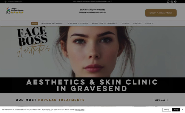 Faceboss Aesthetics: Website design and build, using Dynamic pages for the services and location pages. Built Fresha profile page and connected for online appointments. Currently working on built in appointment system. This client also paid for SEO to get website found and is now ranking on page 1 for all services and all locations. 