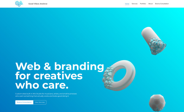 GoodVibesAndrew: I designed and built **GoodVibesAndrew.com** from the ground up in **Wix Studio**, crafting a custom brand system (logo suite, color palette, type pairing) and a clean, responsive layout that scales smoothly from mobile to desktop. The site uses **hand-tuned animations and micro-interactions** to guide attention without getting in the way—subtle scroll effects, tasteful reveals, and purposeful hover states—all implemented natively in Wix Studio for performance and maintainability. I handled everything end-to-end: information architecture, copy, visual design, component library, and SEO foundations, producing a fast, cohesive experience that showcases my work and point of view.