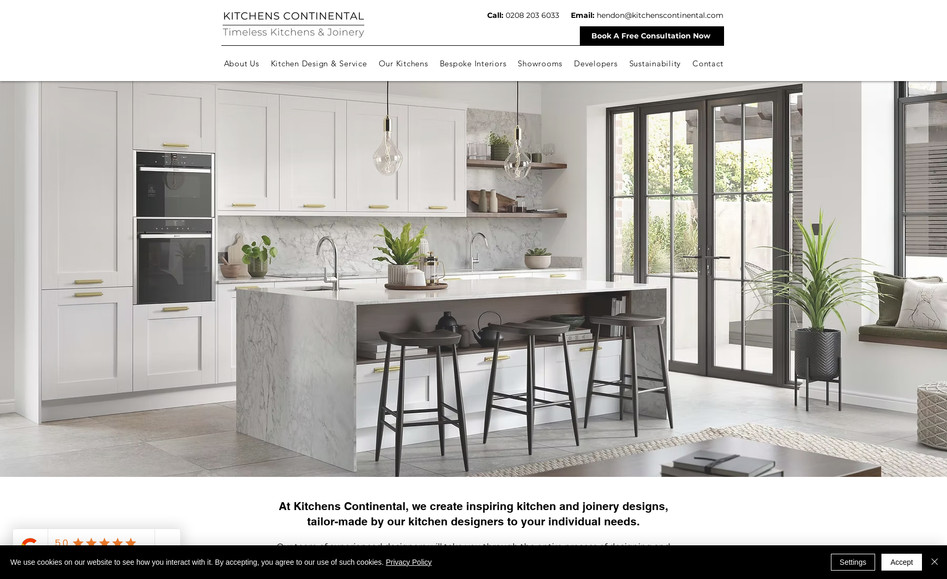 Kitchens Continental: The client sells kitchens that are high-end, so wanted a website that reflects this. We achieved this by ensuring there was plenty of whitespace, which then highlights the beauty of the kitchen images.