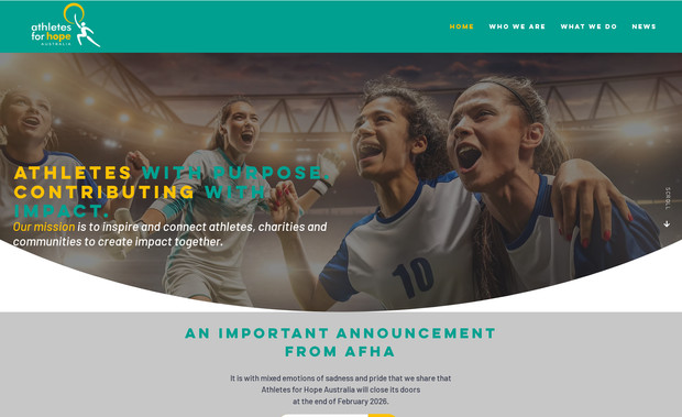 Athletes for Hope Australia: Charity website featuring services, a blog, donation, social integration and more to coming shortly with booking systems.