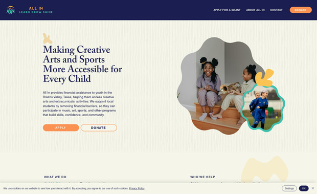 All In: Nonprofit that provides financial assistance to youth in Bryan/College Station, Texas for creative arts and extracurricular activities.