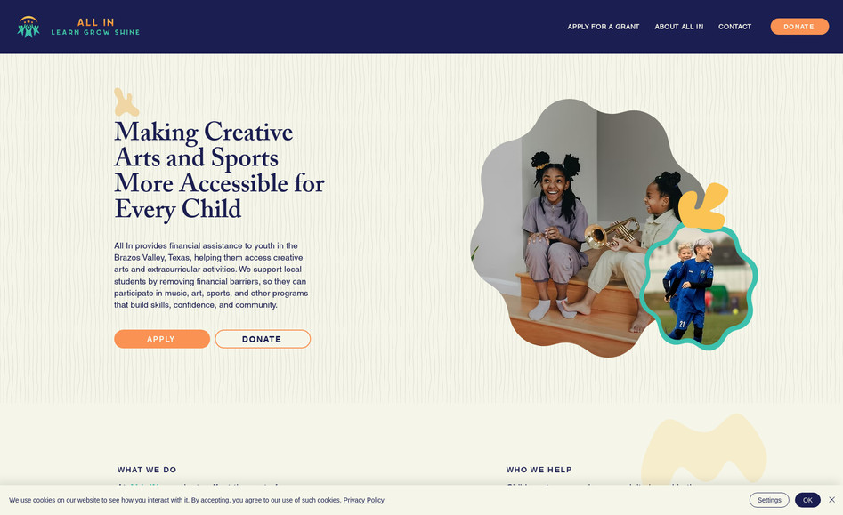 All In: Nonprofit that provides financial assistance to youth in Bryan/College Station, Texas for creative arts and extracurricular activities.