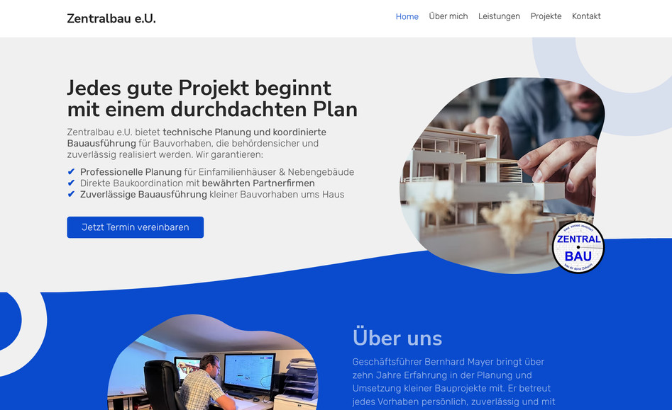 Zentralbau e.U.: Von Grund auf neu entwickelte Website für ein Bau- und Planungsunternehmen mit klarem Design und SEO.