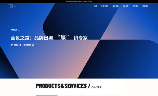 Bluevista: 蓝色之路 ——中国品牌出海 “赢” 销专家。

公司成立于 2019 年，目前已在烟台、青岛、东莞等城市设立了分公司或办事处，是一家专注服务中国品牌出海的企业。公司业务覆盖跨境电商代运营服务、品牌网站建设、内容营销业务、数字营销业务等服务。