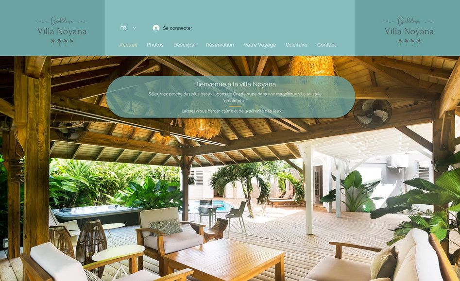Villa Noyana: Site de réservation développé sur Wix Studio pour Villa Noyana en Guadeloupe, avec présentation des hébergements, calendrier de disponibilité, système de réservation en ligne et informations pratiques.