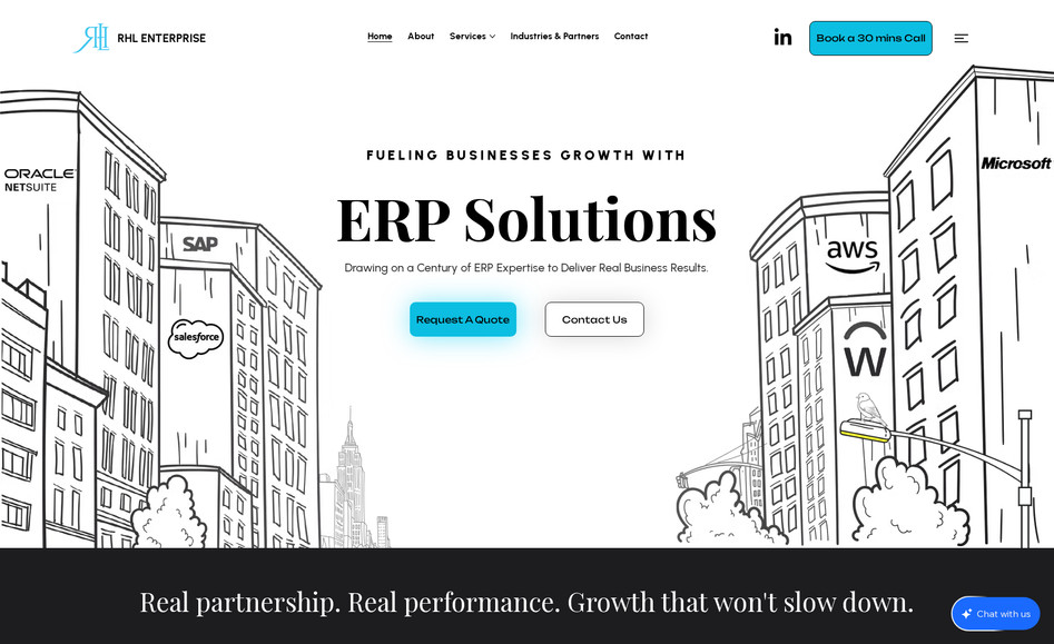 RHL Enterprise - Alliance Partner: ERP and Risk Management solutions website crafted with a modern, corporate-focused UI to showcase services and build client trust. The design highlights professionalism, clarity, and performance. Key works included here:

- Modern, conversion-driven layout with service segmentation and client reviews.
- Mobile-responsive and cross-browser optimized design for seamless access.
- Service detail pages with advisory, client-side, deployment, and post-deployment flows.
- Custom illustrations and graphics aligned with brand guidelines for a distinct corporate identity.
- Clear CTAs and logical navigation guiding users through offerings and inquiries.
- UI/UX rich design focused on credibility, user engagement, and lead generation.
