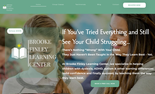 Brooke Finley Learning Centre: Learning centre website with calendar booking for classes and testimonial.