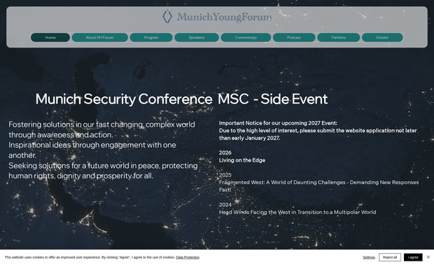 Munich Young Forum: Wix Webauftritt für das Munich Young Forum (Side-Event der Münchner Sicherheitskonferenz) – Konzeption, Design und Umsetzung inkl. Event-Infos, Programmübersicht und responsivem Layout.