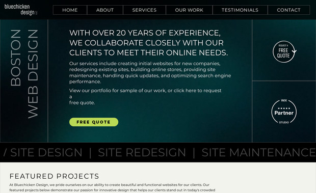 Bluechicken Design: Our own site, built in Wix Studio, featuring our services, bio and portfolio to give our clients a broad sense of the exciting projects we've worked on.