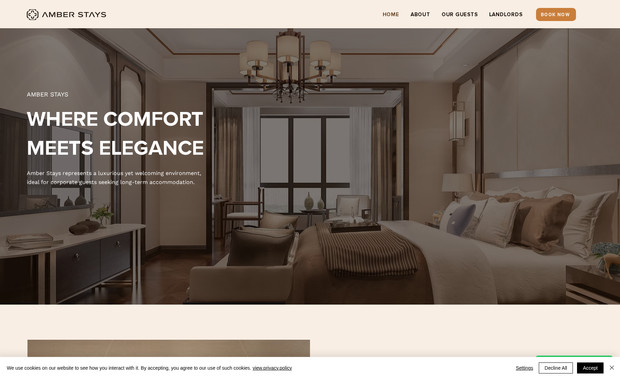 Amber Stays: As a web design and development agency, we partnered with Amber Stays to create a modern and functional website that showcases their premium serviced accommodations. The project focused on delivering a professional platform that highlights Amber Stays' unique offerings while ensuring an intuitive user experience.

Key Contributions:
- Custom Design & Development: Delivered a bespoke website reflecting Amber Stays' brand identity and values.
- Property Listings Integration: Built a feature-rich section to display properties with detailed descriptions, images, and booking options.
- User-Friendly Navigation: Designed a seamless navigation structure for easy exploration of properties and services.
- Responsive Design: Optimised the website for all devices, ensuring a consistent experience across desktops, tablets, and smartphones.
- SEO Optimisation: Implemented on-page SEO strategies, including meta tags and structured data, to improve search engine visibility and drive organic traffic.
- Interactive Features: Integrated functionalities such as inquiry forms and booking links to enhance user engagement.
- Social Media Integration: Connected the website with social channels to expand Amber Stays' digital reach.

Outcome:
The website now serves as a professional and engaging platform for Amber Stays, helping them attract more guests and streamline their booking process. Our design and development efforts have positioned Amber Stays as a trusted provider in the serviced accommodation market.