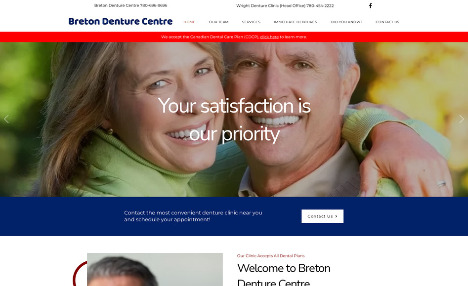 Breton Denture Centre: Alberta Media created an easy-to-navigate website tailored for seniors, with clear, readable text and all key services displayed up front. Designed for simplicity and accessibility, making it effortless for visitors to find the information they need.