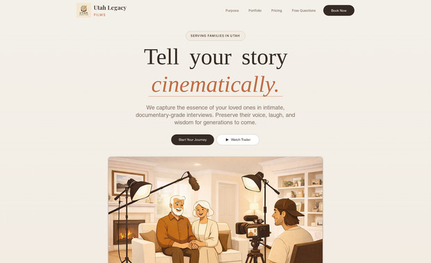 Utah Legacy Films – Cinematic Family Legacy Interview Website: I designed and developed a heartfelt, premium Wix website (utahlegacyfilms.com) for Utah Legacy Films, specializing in cinematic, documentary-grade interviews that preserve loved ones' stories, voices, and wisdom as timeless family heirlooms for Utah families. The site features an emotional hero section ("Tell your story cinematically") with trailer embed, purpose highlights (intimate connection, cinematic quality using Netflix-approved cameras, effortless in-home production), a client testimonial, transparent pricing tiers—Generational Masterpiece ($8,000: multi-day shoot, 20+ min film), Signature Story ($4,500: most popular, 10-15 min), Essential Legacy ($2,000: 5-8 min)—each with detailed inclusions like archival photo scanning, revisions, and delivery options. With strong CTAs ("Start Your Journey," "Book This Package," "Get My Free Questions List" form), clean layout, and mobile optimization, it builds trust, evokes urgency ("Capture the story before it fades"), drives bookings and inquiries, and positions the business as a dignified, high-end service for preserving family legacies.