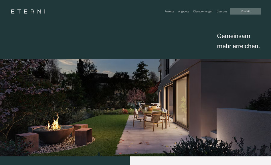 Eterni: Finalisierung & Inputs Webdesign (Wix Studio), Responsive Design (mobile Optimierung), Projekte & Angebote als dynamische Seiten (CMS), individueler Code