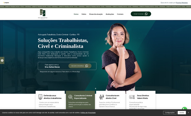 Dra Kellen Neves: O site da Dra. Kellen Neves foi desenvolvido com foco em transmitir credibilidade, profissionalismo e proximidade, refletindo a excelência de sua atuação jurídica. Toda a estrutura foi pensada para oferecer uma navegação simples, rápida e intuitiva, permitindo que os visitantes encontrem facilmente informações sobre especialidades, serviços, diferenciais e formas de contato.