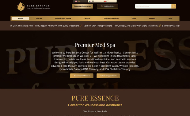 Pure Essence: Developed a comprehensive med spa website to highlight a range of aesthetic and wellness services. Integrated SEO strategies, detailed service pages, online booking, memberships, and promotional offers to enhance client acquisition and retention.