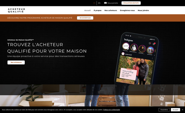 Acheteur qualifié: Site web conceptuel présentant des acheteurs potentiels aux vendeurs dans l'immobilier.
Page dynamique, formulaire d'inscription et plus.