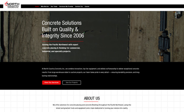 North Country Concre: Built a modern website in the Wix Standard Editor for a concrete company, featuring a dynamic project portfolio and drone imagery highlighting job sites and completed work.