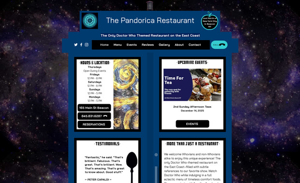 Pandorica Restaurant: Created website from the ground up. Fully-featured restaurant website with menu and events apps. Animation and Easter eggs.