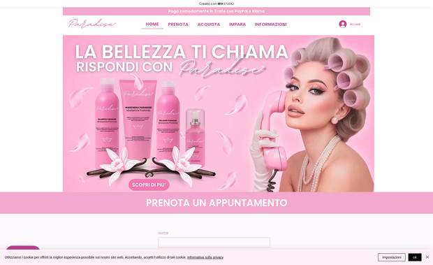 Paradise: Abbiamo creato inizialmente la sua pagina web per la gestione degli appuntamenti e successivamente è diventato un vero e proprio e-commerce utilizzando tutte le risorse offrite da wix come automazioni, email marketing, calendario digitale, checkout personalizzato, pagamenti a rate, ecc.